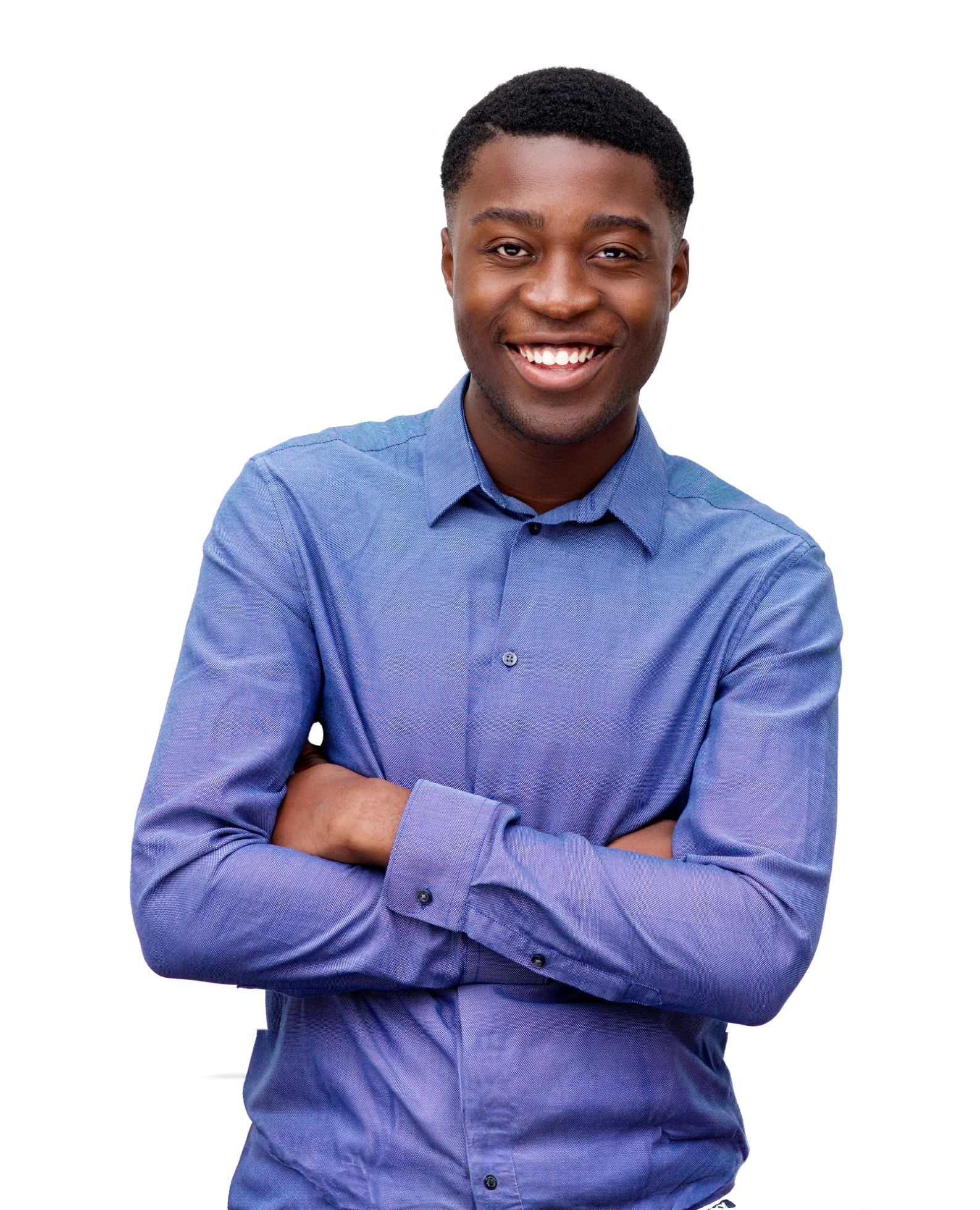 man smiling with a blue shirt on and arms crossed