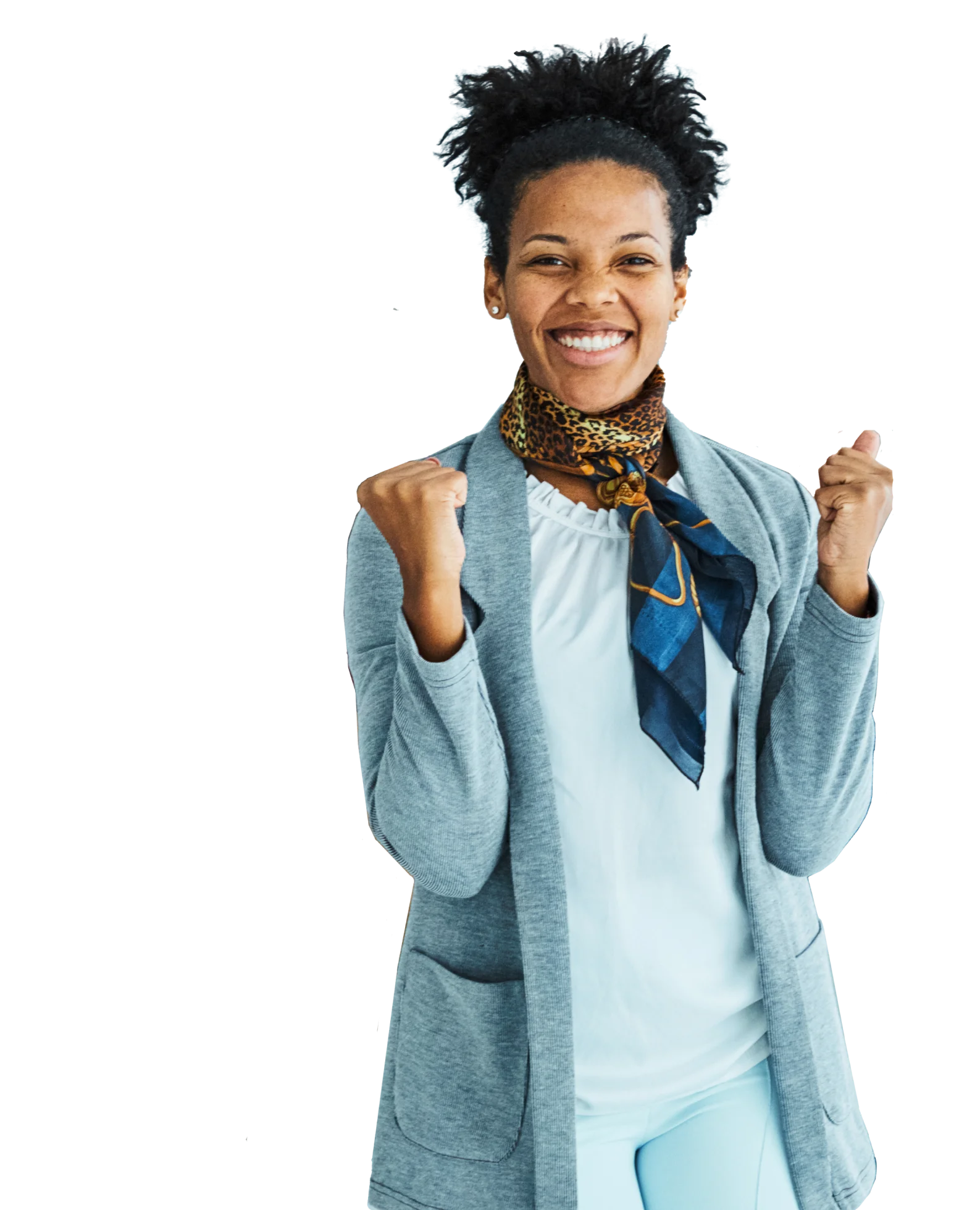 woman excited in a blue blazer and wearing an ascot. her hair is pulled up. Her arms are making an excited expession, as is her face.